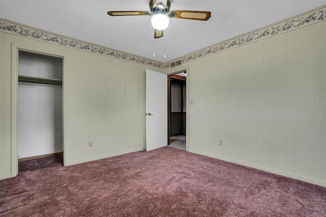 unfurnished bedroom with ceiling fan, carpet flooring, and visible vents