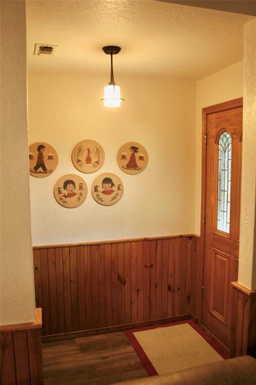 entrance foyer featuring wood walls and dark hardwood / wood-style floors