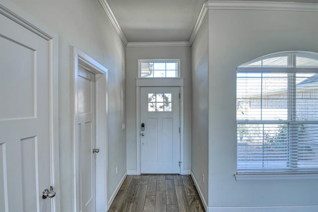 foyer featuring wood-type flooring and crown molding