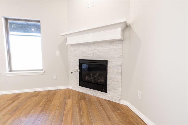 details featuring hardwood / wood-style flooring and a fireplace