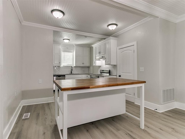 kitchen featuring wooden counters, appliances with stainless steel finishes, light wood-type flooring, ornamental molding, and white cabinets