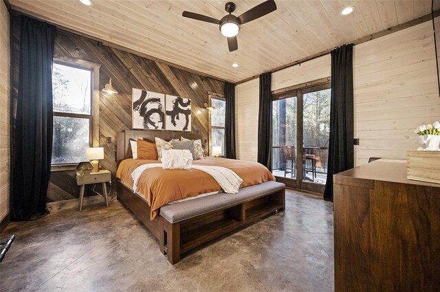 bedroom featuring wood walls, lofted ceiling, ceiling fan, access to exterior, and wood ceiling