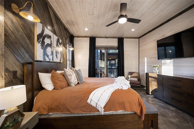 bedroom featuring access to outside, wood ceiling, ceiling fan, and wood walls