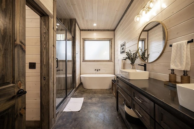 bathroom with vanity, wooden walls, wooden ceiling, independent shower and bath, and concrete floors