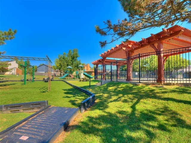 view of home's community featuring a pergola, a yard, and a playground