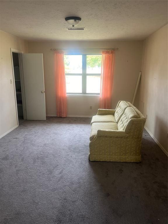 sitting room featuring dark colored carpet and a textured ceiling