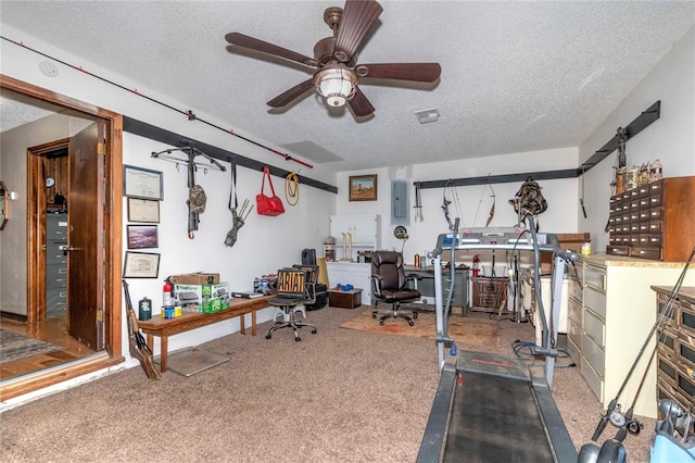 exercise area with carpet, a textured ceiling, and electric panel