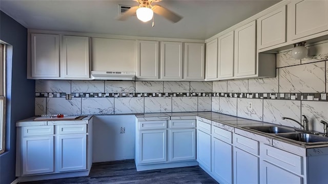 kitchen with decorative backsplash, white cabinetry, sink, and extractor fan