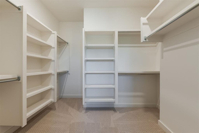 walk in closet with light carpet