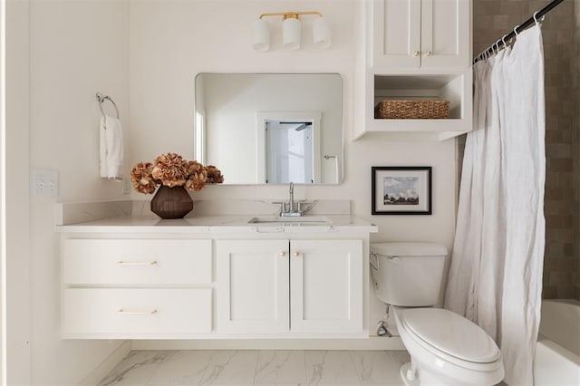 full bathroom featuring vanity, shower / bath combo, and toilet