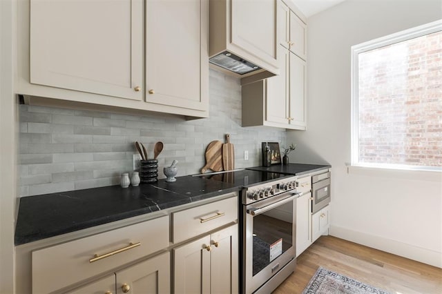 kitchen with tasteful backsplash, light hardwood / wood-style flooring, premium range hood, dark stone counters, and high end range