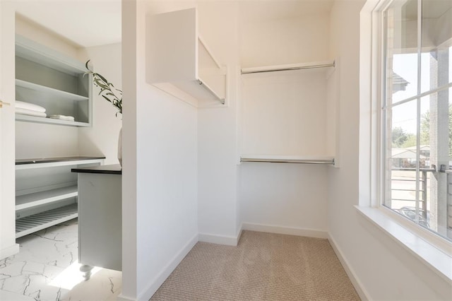 walk in closet featuring light colored carpet