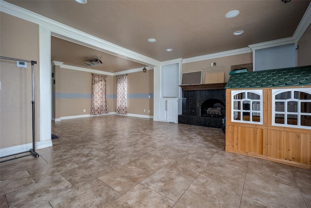 unfurnished living room with a fireplace and crown molding