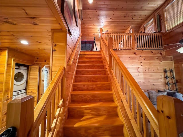 1345 State Highway 1, Hartshorne, OK 74547 - stairs featuring stacked washer / drying machine, wood walls, wood ceiling, recessed lighting, and ceiling fan