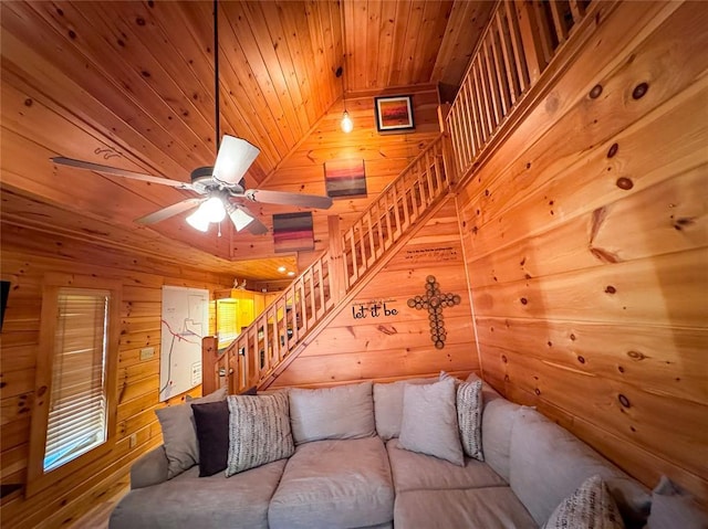 1345 State Highway 1, Hartshorne, OK 74547 - living area featuring wood walls, wood ceiling, stairs, and ceiling fan