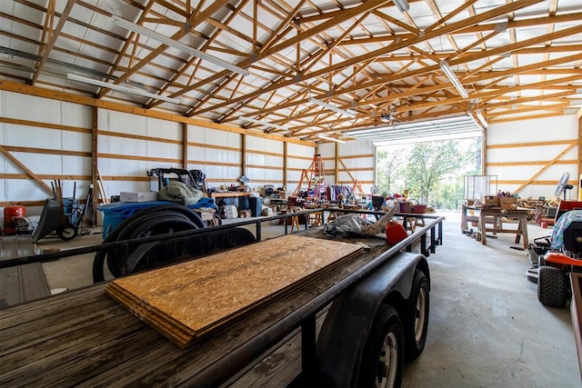 garage with a workshop area