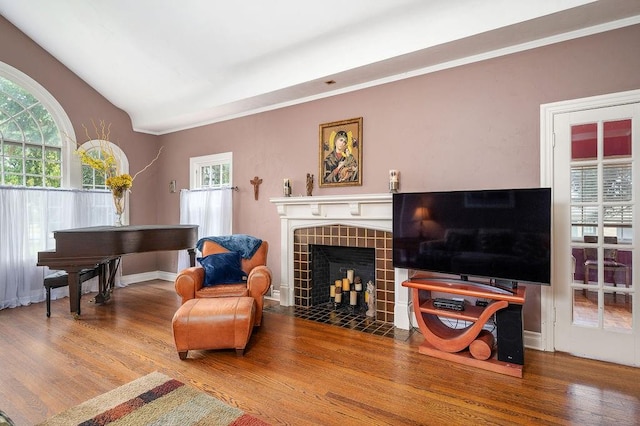 living room with hardwood / wood-style floors, a healthy amount of sunlight, and lofted ceiling