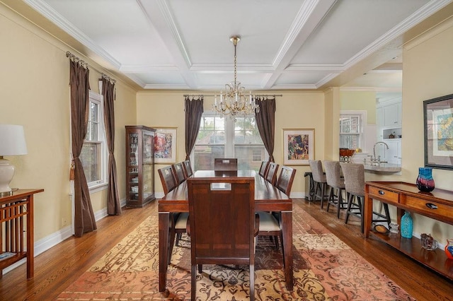 dining space featuring an inviting chandelier, coffered ceiling, ornamental molding, beam ceiling, and light hardwood / wood-style floors