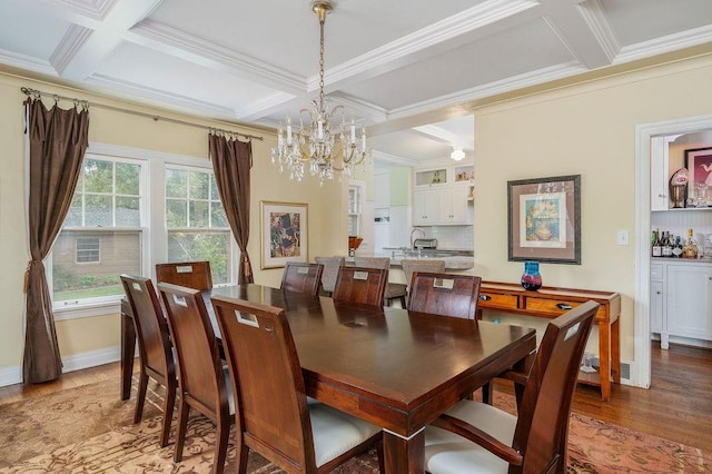 dining room with coffered ceiling, crown molding, beamed ceiling, a notable chandelier, and wood-type flooring