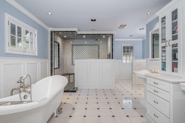 bathroom featuring shower with separate bathtub and crown molding