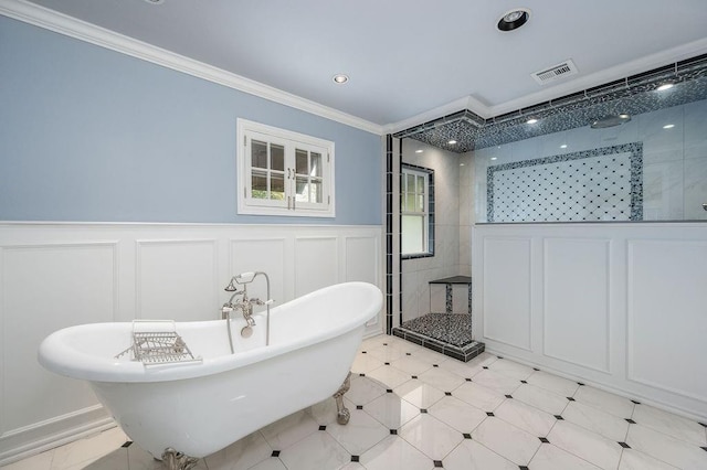 bathroom featuring shower with separate bathtub and crown molding