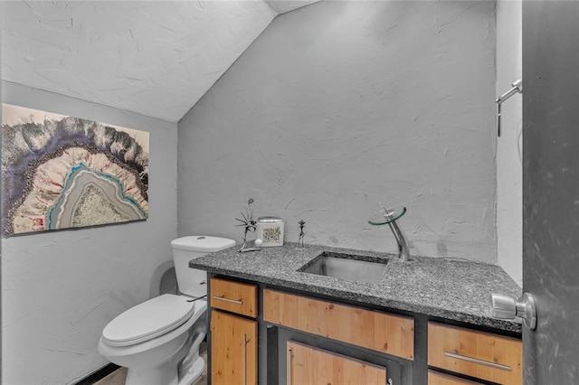 bathroom featuring vanity, toilet, and vaulted ceiling