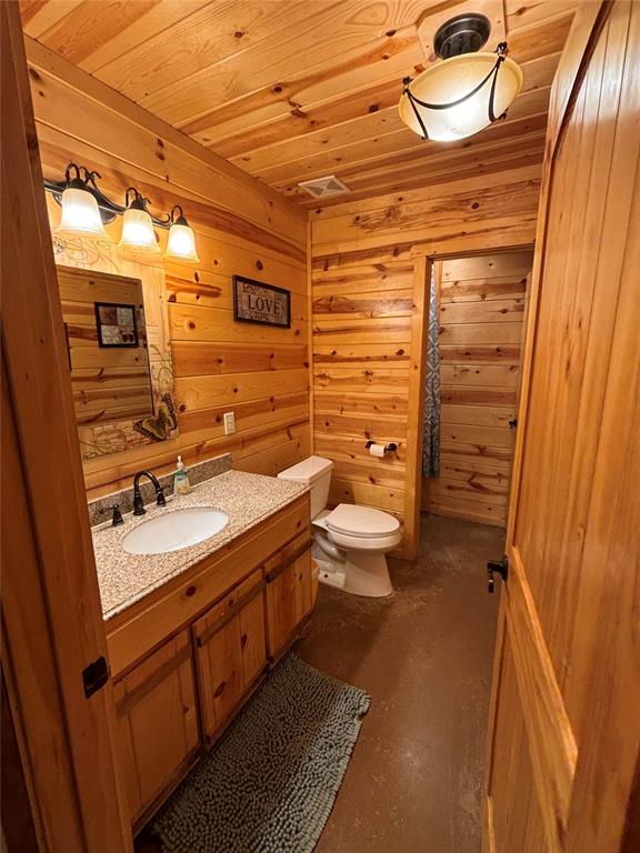 bathroom featuring vanity, wood walls, toilet, and wooden ceiling