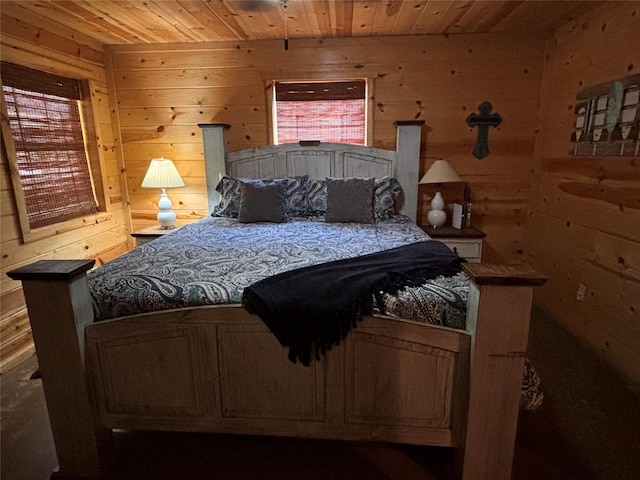 bedroom featuring wooden walls and wooden ceiling