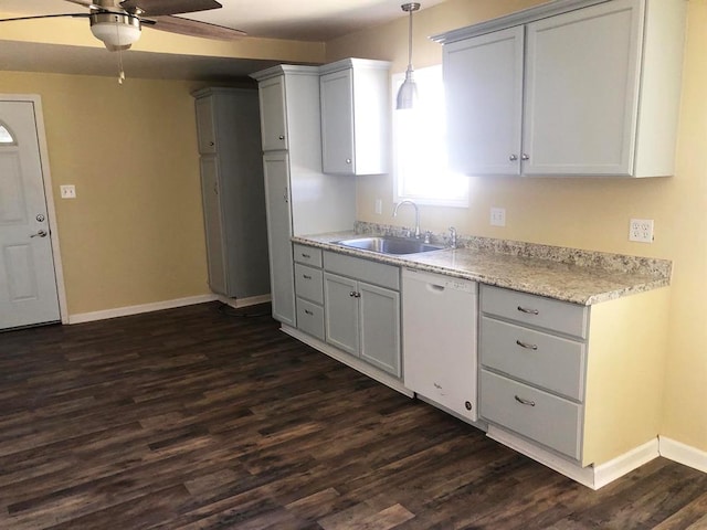 kitchen featuring white cabinetry, ceiling fan, dishwasher, sink, and dark hardwood / wood-style flooring