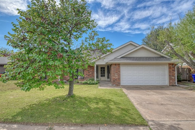 ranch-style home with a garage, concrete driveway, brick siding, and a front lawn