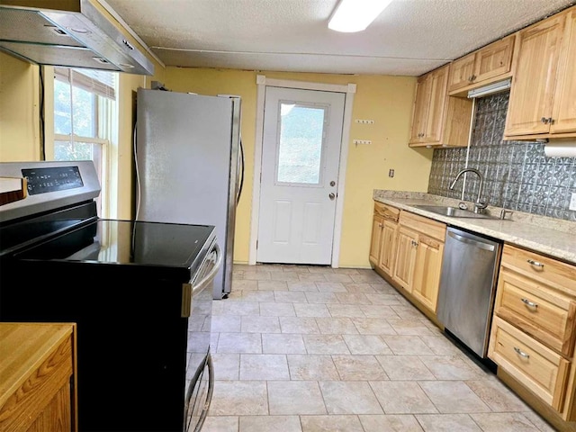 kitchen featuring appliances with stainless steel finishes, tasteful backsplash, a healthy amount of sunlight, sink, and wall chimney range hood