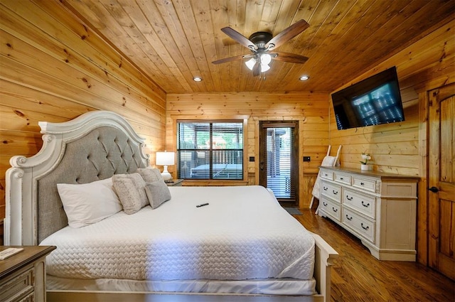 bedroom with ceiling fan, wooden ceiling, wood walls, and hardwood / wood-style flooring