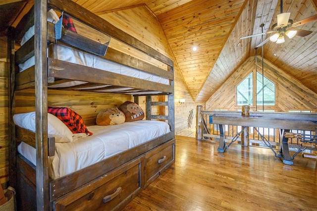 bedroom featuring vaulted ceiling with beams, light wood-type flooring, wooden ceiling, and wood walls