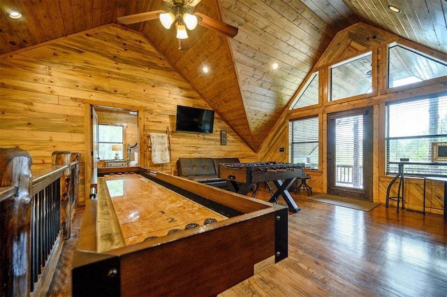 recreation room featuring wood-type flooring, wooden ceiling, and wood walls