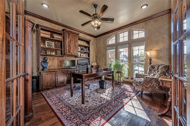 office space with ceiling fan, crown molding, dark wood-type flooring, and french doors