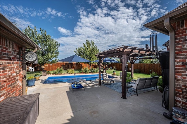 view of patio with a pergola and a fenced in pool