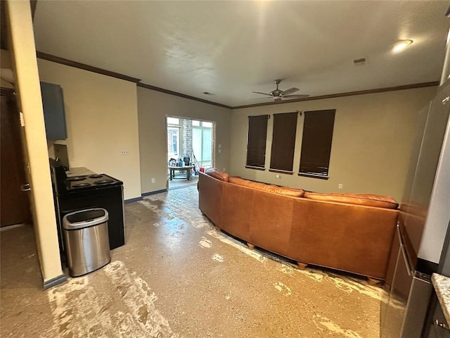 unfurnished living room with ceiling fan and crown molding