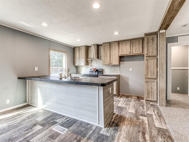 kitchen with wall chimney exhaust hood, crown molding, sink, electric stove, and wood-type flooring