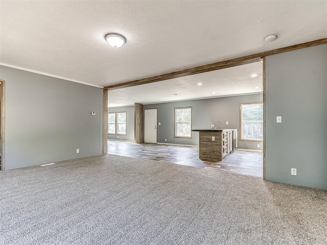 unfurnished living room featuring sink, beamed ceiling, light colored carpet, a textured ceiling, and ornamental molding