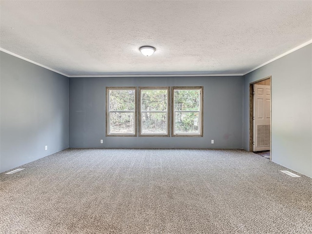 carpeted empty room featuring crown molding and a textured ceiling