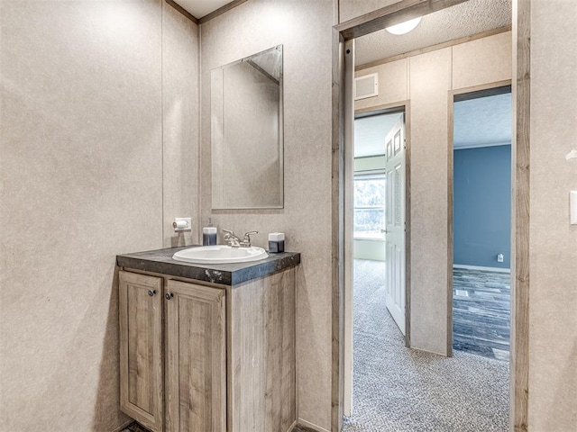 bathroom featuring vanity, wood-type flooring, and a textured ceiling