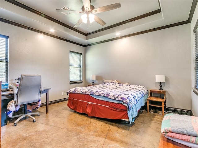 bedroom with multiple windows, ceiling fan, and crown molding