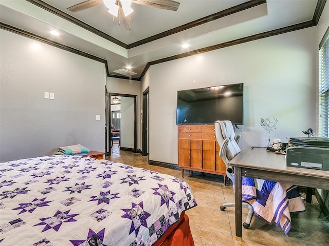 bedroom with tile patterned floors, ceiling fan, and ornamental molding