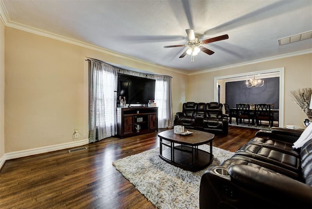 living room with ceiling fan with notable chandelier, dark hardwood / wood-style floors, and ornamental molding