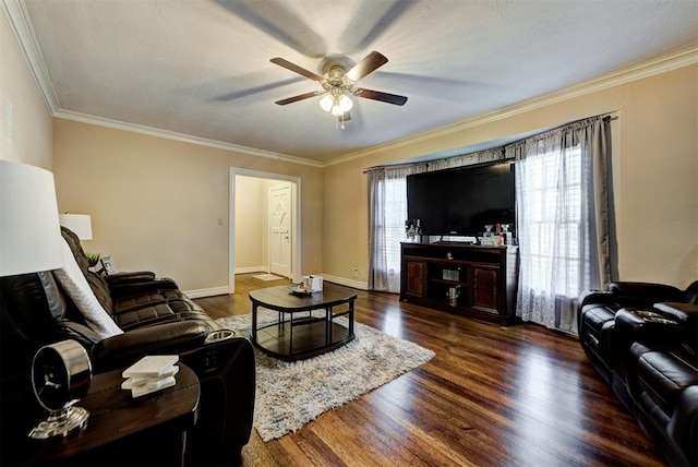 living room featuring ceiling fan, crown molding, and dark wood-type flooring