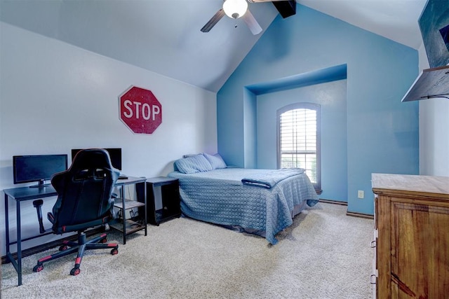 carpeted bedroom with ceiling fan, beam ceiling, and high vaulted ceiling