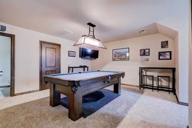 recreation room featuring light carpet and pool table