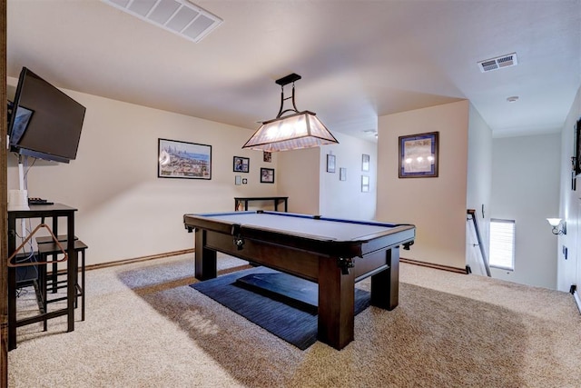 playroom featuring light carpet and pool table