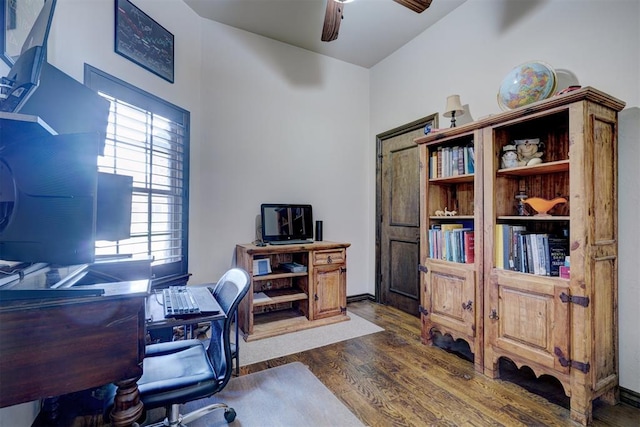 office featuring ceiling fan and dark hardwood / wood-style flooring