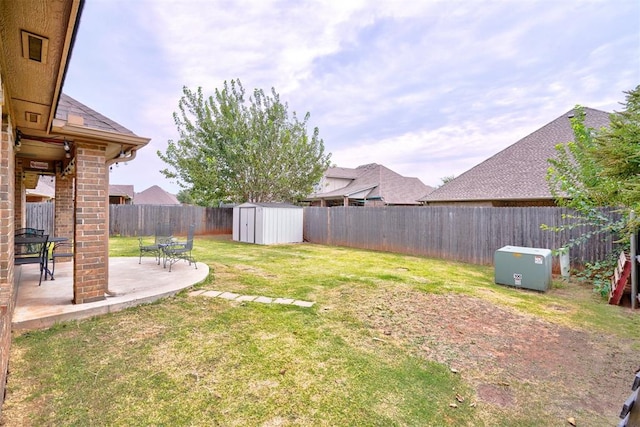 view of yard featuring a patio and a storage unit